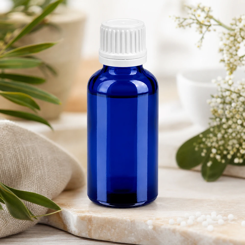 Pienikokoinen 30ml sininen lasipullo valkoisella kannella, ihanteellinen matkoille ja liikkeellä oloon.