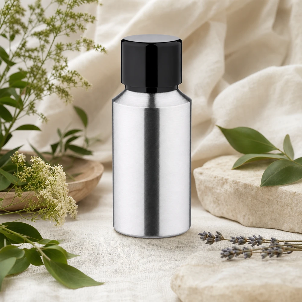 30ml kiillotettu alumiinipullo, jossa on kierrekorkki Korkealaatuinen 30 ml:n alumiinipullo, jossa on peilipinta ja musta korkki premium-tuotteille.