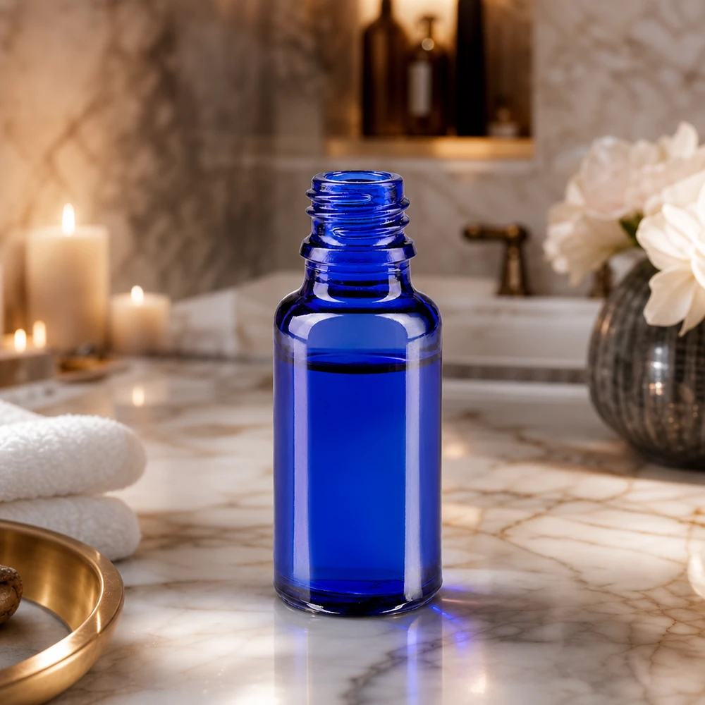 Elegantti 20ml ApoGlas-pullo syvänsinisessä värissä ammattimaiseen kosmetiikkaan ja wellness-sovelluksiin.