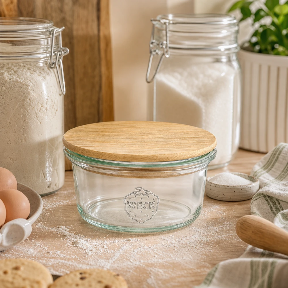 50ml minipullot WECK RR60, joissa on puukansi WECK Mini Sturzglas 50ml mit Bambusdeckel in gemütlicher Backstube zwischen Mehl, Eiern und Backutensilien auf Holzbrett