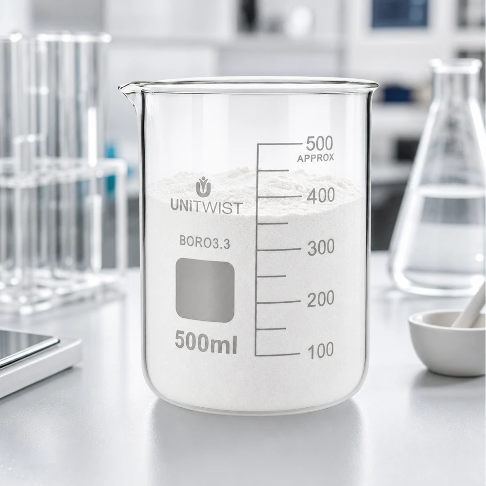 500 ml borosilikaattilasi, matala muotti UNiTWIST UNiTWIST-lasikulho 500 ml, BORO3.3, täytetty valkoisella jauheella laboratorio-olosuhteissa