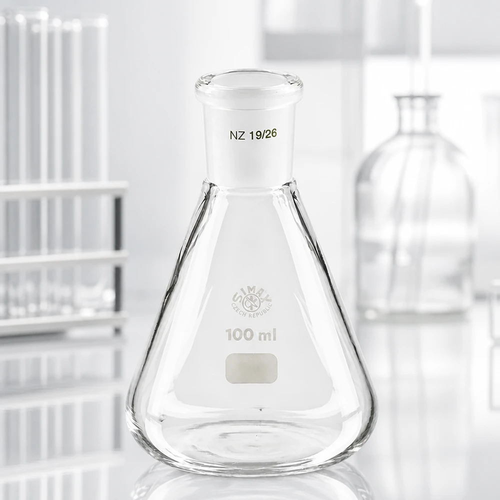 Erlenmeyer-pullo 100ml, jossa on vakiohiottu liitos (19/26). Erlenmeyer-pullo 100ml, jossa on vakiohiottu liitos (19/26).