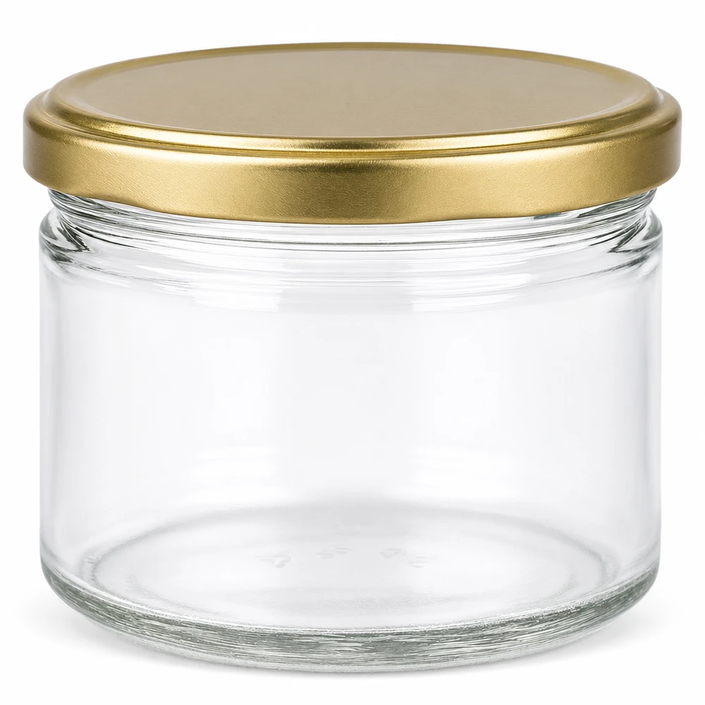 700g Honigglas mit goldenem Deckel BasicSeal UNiTWIST 700g hunajapurkki tyhjä, jossa on kultainen kierrekansi BasicSeal kirkkaasta lasista hunajahillolle ja säilöntäaineille.