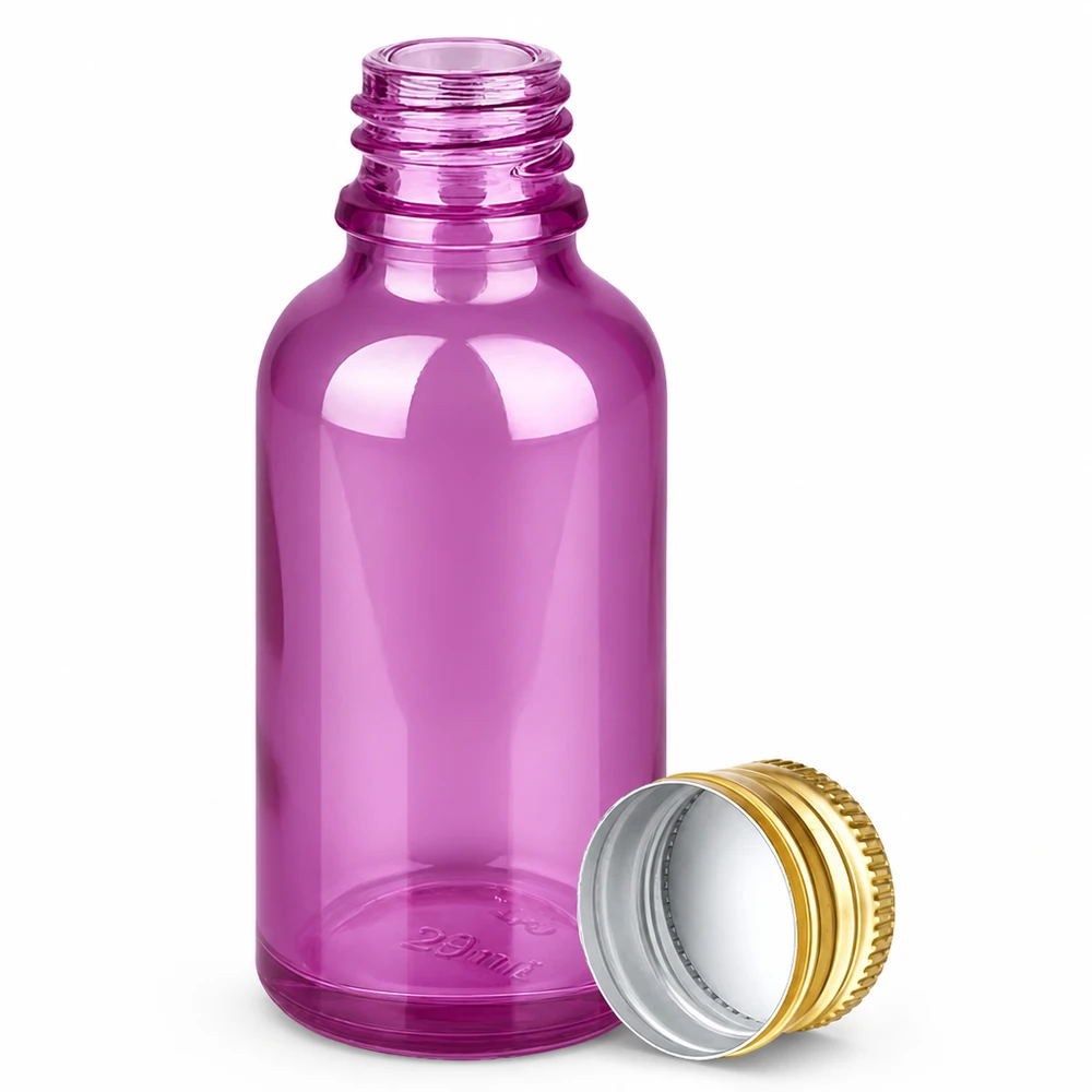 30ml violetti lasinen tippapullo 11mm kierteellä ja kultaisella alumiinikannella eteerisille öljyille.
