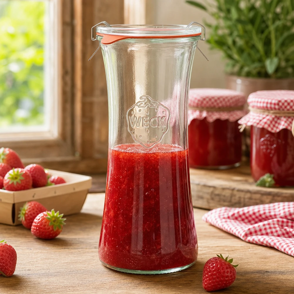 700ml herkkupurkki täydellinen WECK RR80 WECK RR80 700ml herkkupurkki täynnä mansikkahilloa, säilöntätölkki, jossa on kääntyvä korkki keittiössä kuvassa.