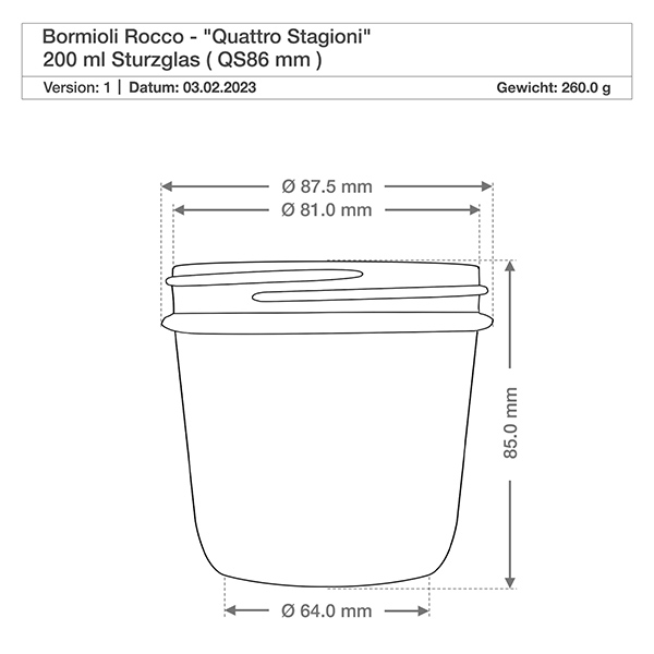 200ml "Quattro Stagioni" -mukit, joissa on kansi. 200ml Quattro Stagioni juomalasit kannella mitat 87.5mm halkaisija 85mm korkeus tekninen piirustus Bormioli Rocco