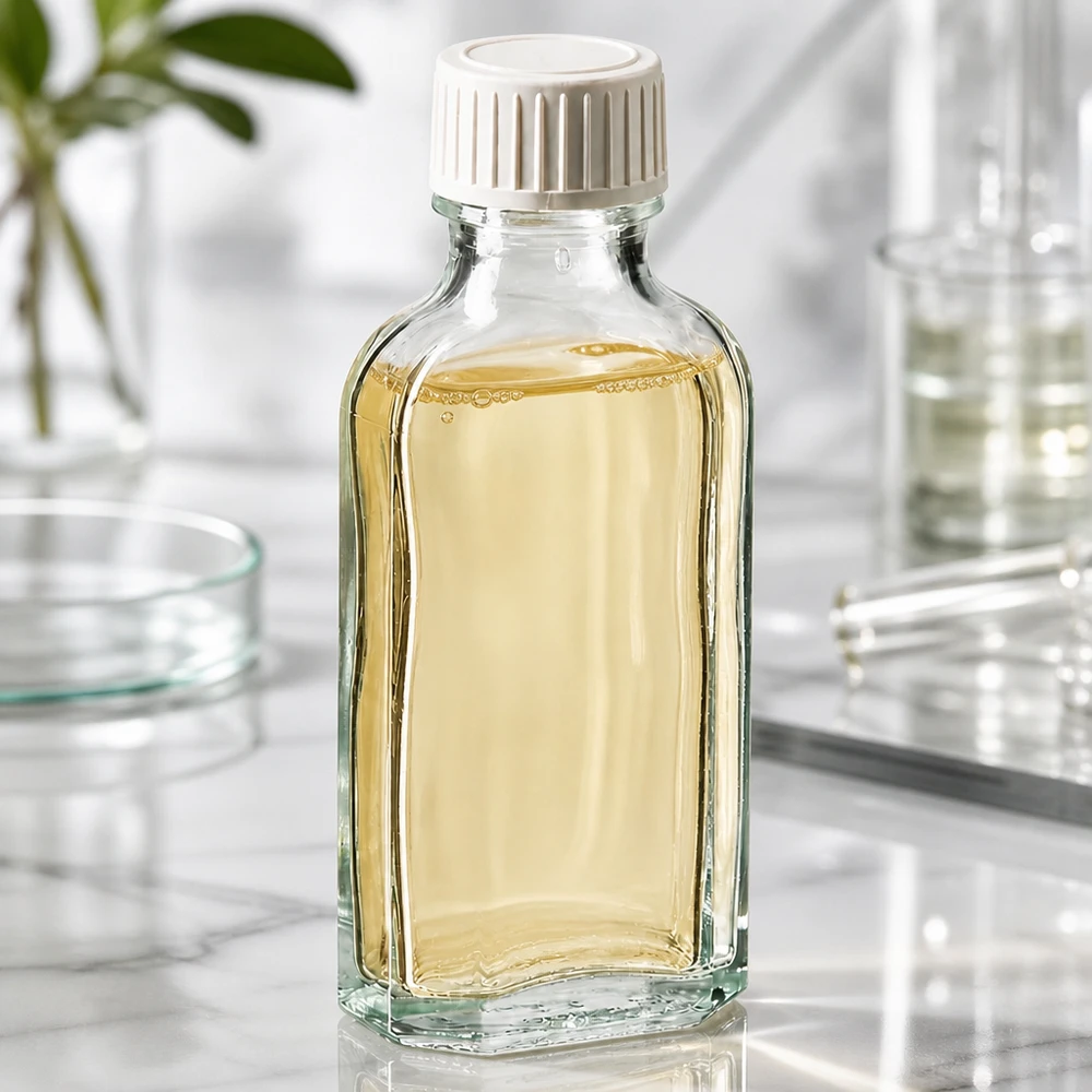 Meplat-lasipullo, 50 ml, täytetty kellertävällä öljyllä, valkoisella kierrekorkilla