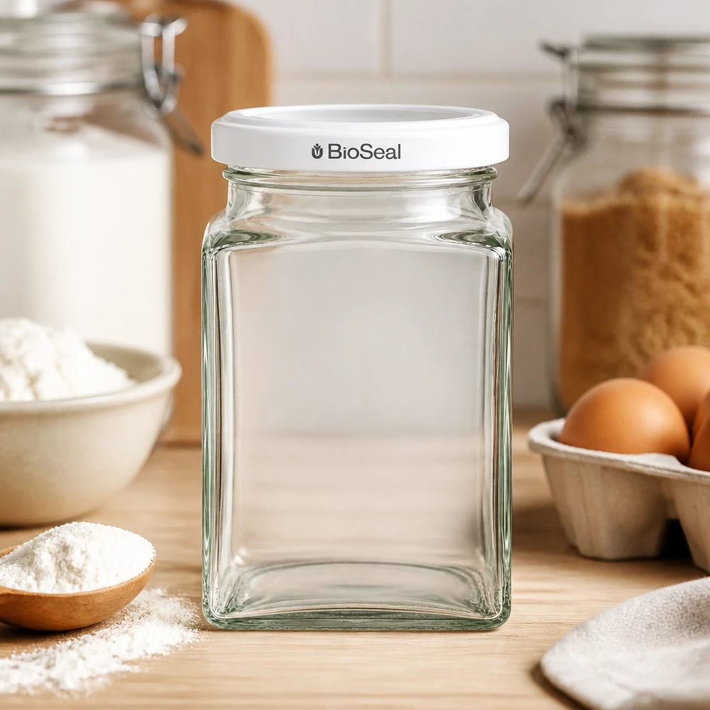UNiTWIST Tetra260 Glasdose leer auf Holzbrett Küche Backzutaten Eier Mehl weißer TO58 BioSeal Deckel Backen