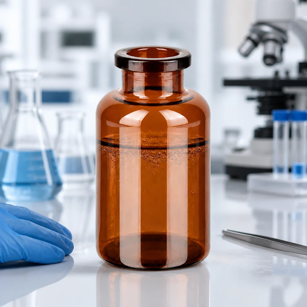 Lichtschützende Braunglas Injektionsflasche 20ml neben Mikroskop und Laborhandschuhen