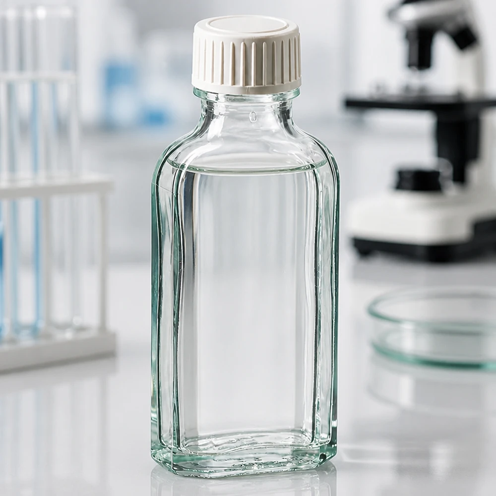 Suorakulmainen 50 ml:n Meplat-lasipullo, kirkas, valkoisella kierrekorkilla, laboratoriopöydällä