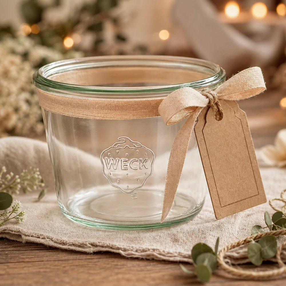 370ml tumppupurkki WECK RR100 WECK tumblers 370ml RR100 koristeltu nauha ja riipus maalaismainen puupöydällä