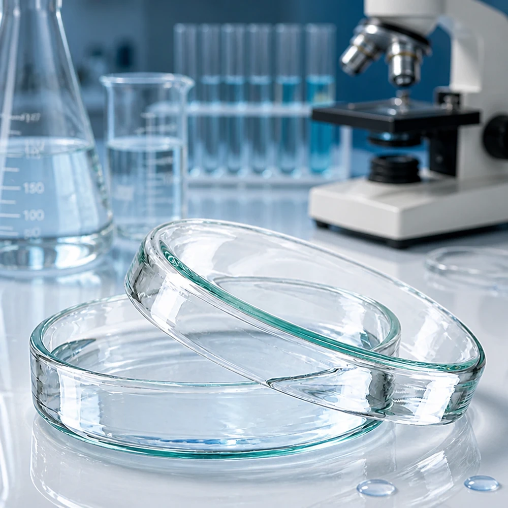 Pyöreät lasiset petrimaljat, 60 x 15 mm, litteä malli soluviljelyihin ja mikrobiologisiin analyyseihin