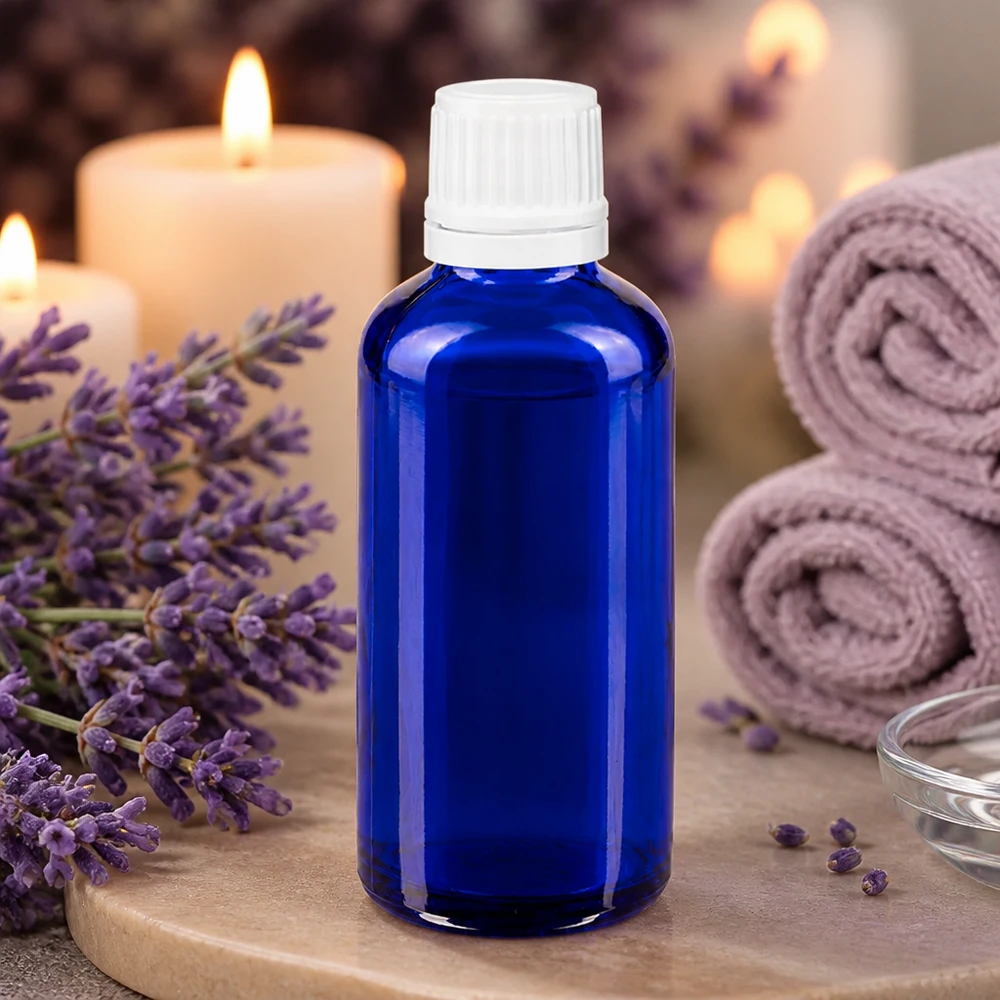 Apteekkipullo sininen 50ml ruuvikorkki valkoinen väärentämisen varmentava sulkeminen. Sininen 50 ml:n lasipullo, jossa on valkoinen tippakorkki, laventelikukkien ja kynttilöiden keskellä