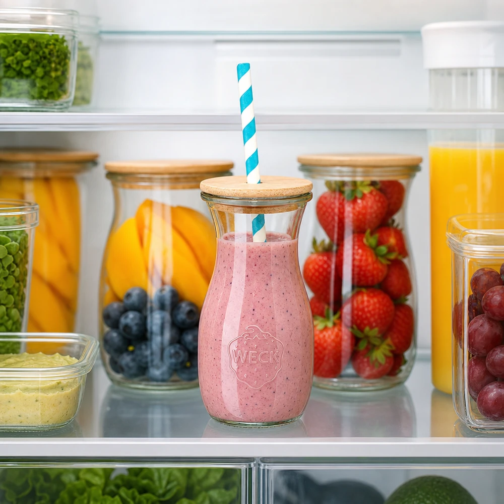 6 x WECK 290ml mehupullo RR60, jossa on puukansi ja 100 ekologista S WECK mehupullo 290ml mansikka smoothie jääkaapissa välillä tuoreita hedelmiä puinen kansi paperi olki