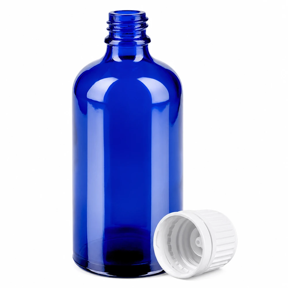 100ml lasipullo sininen 11mm kierrekorkilla valkoinen eteerisille öljyille ja kosmetiikalle.