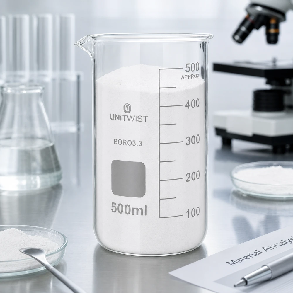 500 ml:n dekantterilasi, korkea muotti UNiTWIST UNITWIST 500 ml:n korkea lasimuki, joka on täytetty valkoisella jauheella, ruostumattomasta teräksestä valmistetulla laboratoriopöydällä