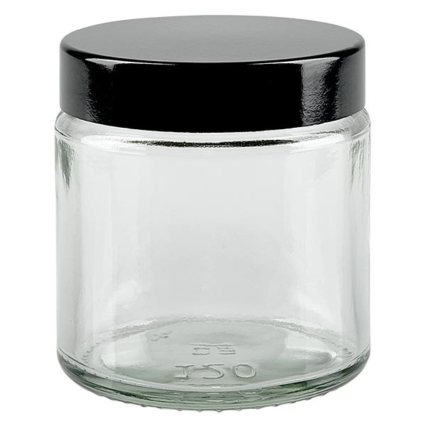 120ml lasipurkki. kirkas, mustalla bakeliittikannella ApoGlas. 120ml lasipurkki. kirkas, mustalla bakeliittikannella ApoGlas.