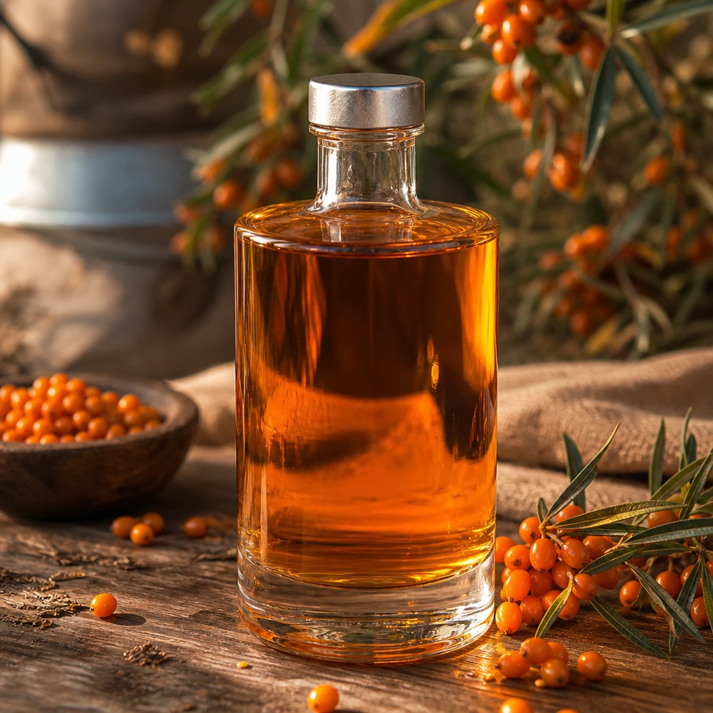 375ml lasipullo Sam täytetty oranssin värisellä tyrniöljyllä tyrnimarjojen ja luonnon koristeen välissä.