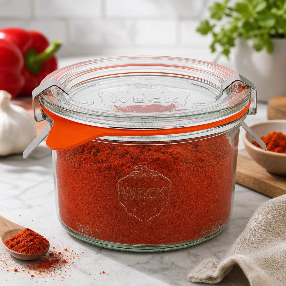 200 ml:n tumppupurkki täydellisenä WECK RR80 WECKin 200ml RR80-pullot, jotka on täytetty paprikajauheella, näyttävät täydellisen maustevaraston modernissa keittiössä.