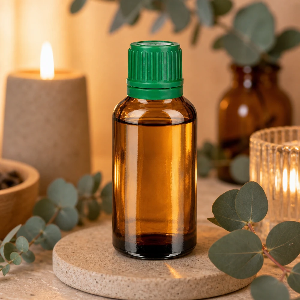 Laadukas 30ml apteekkipullo ruskeasta lasista, jossa on vihreä korkki aromaterapiaa varten.