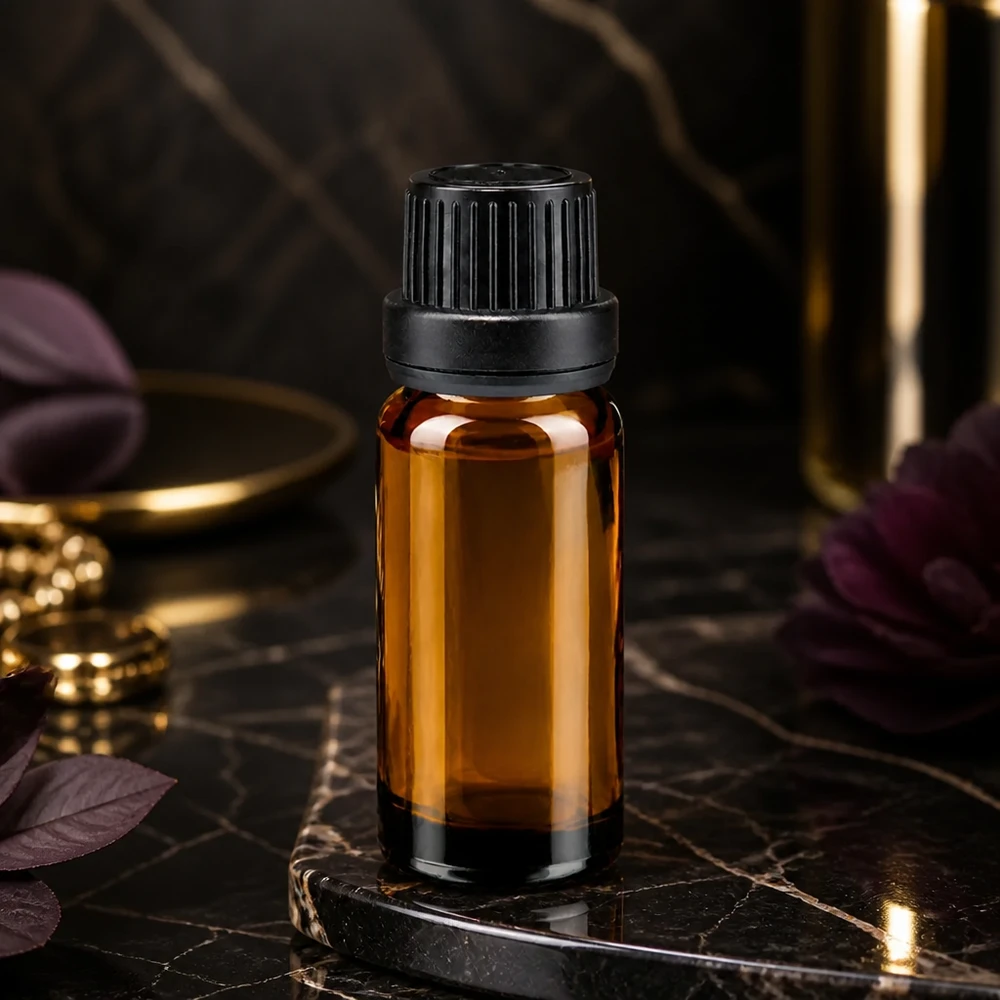 Apteekkipullo ruskea 10ml tippapullon korkki kaaderengas 2mm musta peukaloinnin estävä korkki Ruskea 10 ml:n lasipullo, jossa on musta lapsiturvallinen korkki, mustalla marmorilla