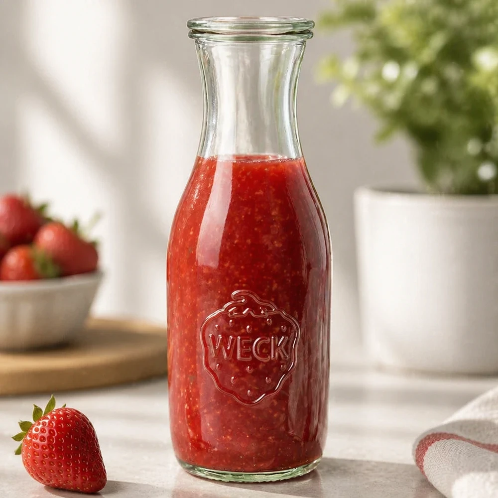 1062 ml:n mehupullo lasikannella, WECK RR60 WECK mehupullo 1062ml täynnä tuoretta mansikkamehua keittiön tiskipöydällä yksittäisen mansikan ja kasvin vieressä.