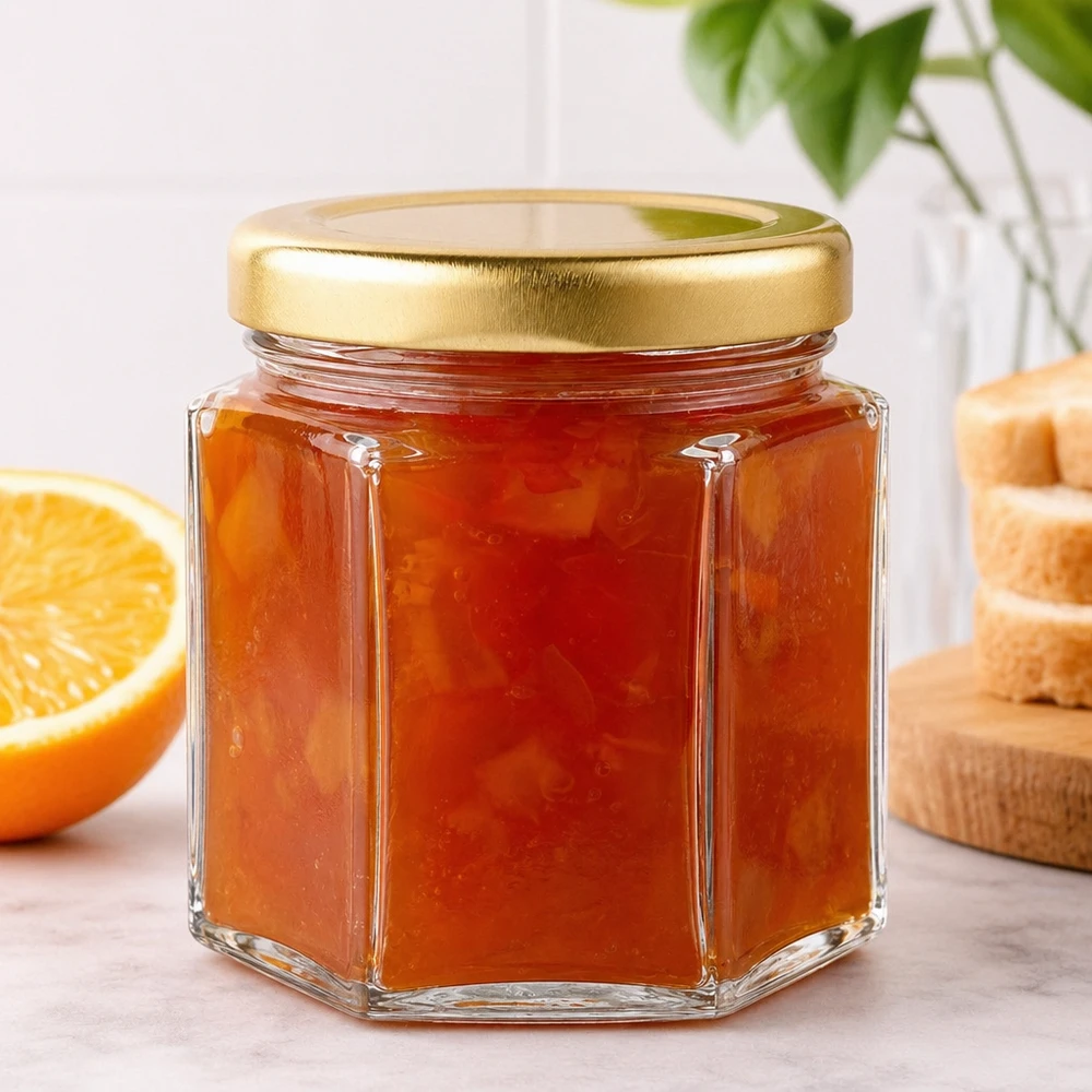 60g hunajapurkki kuusikulmainen täynnä appelsiinimarmeladia appelsiiniviipaleiden ja paahdetun leivän vieressä.