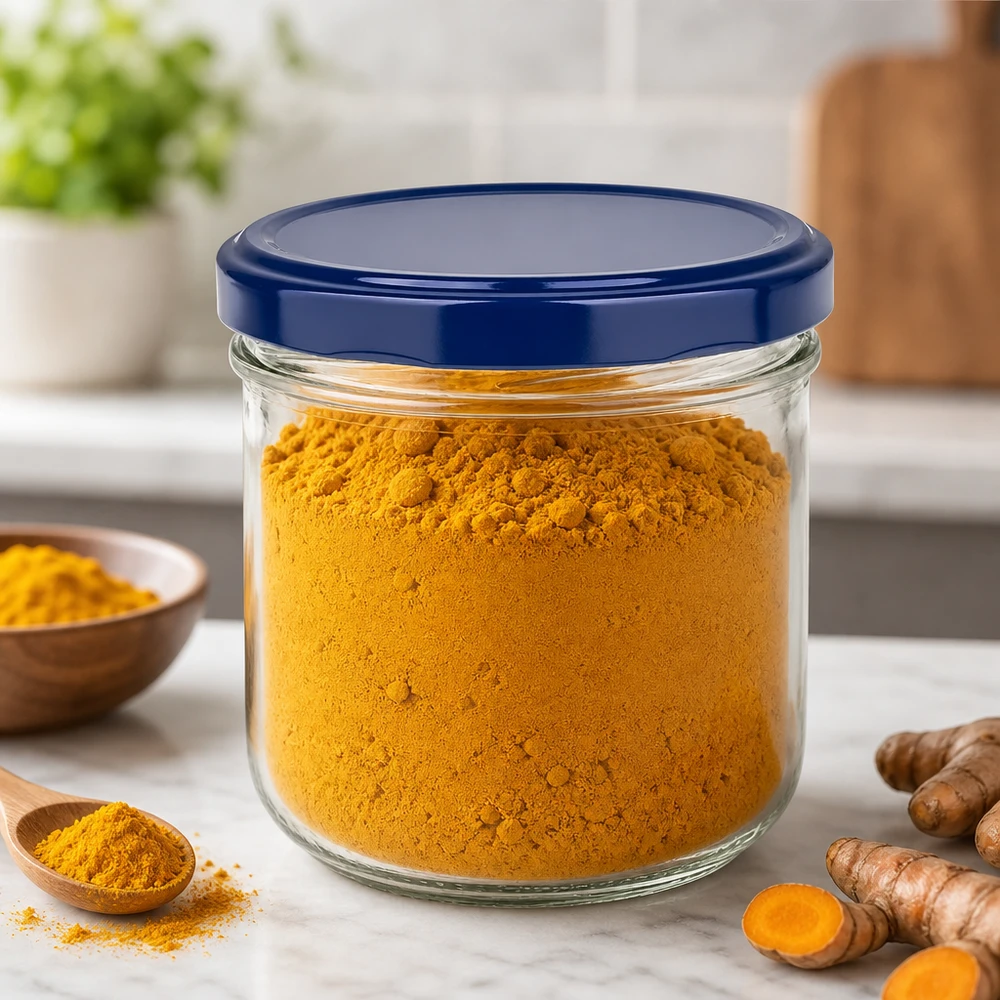 260ml juomalasit + BasicSeal-kansi sininen UNiTWIST Kurkumajauheella täytetty 260 ml:n säilöntätölkki osoittaa sinisen UNiTWIST-kannen käytännöllisen käytön mausteiden säilytykseen.