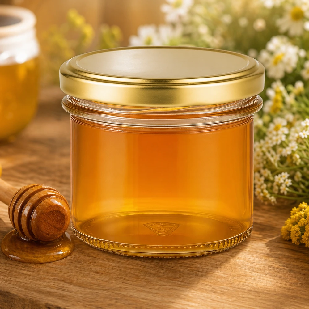125ml Sturzglas gefüllt mit goldgelbem Honig neben Honiglöffel und Blumen - perfekt für Imkerei und Geschenke