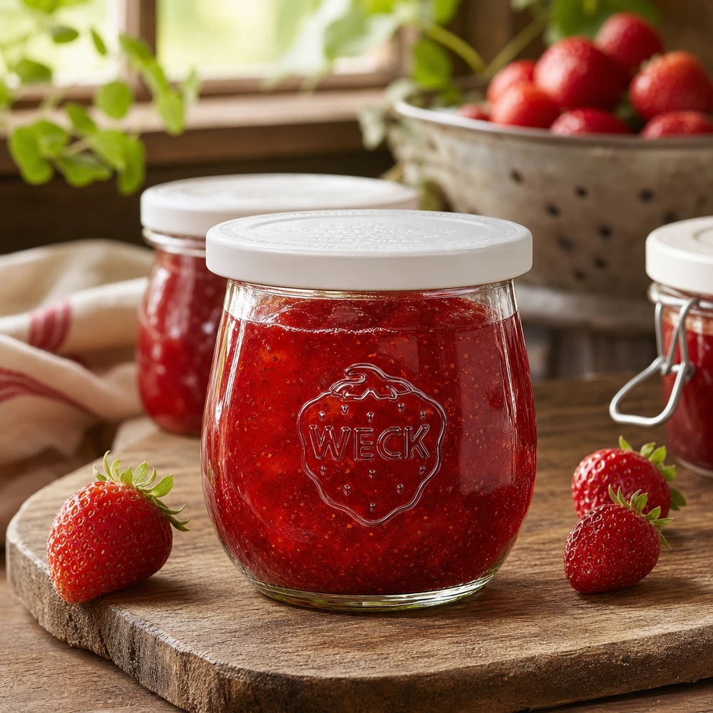 WECK tulppaanipurkki 220ml RR60 täynnä mansikkahilloa puulaudalla - maalaismaiseen keittiötyyliin koristeltu säilöntäpurkki
