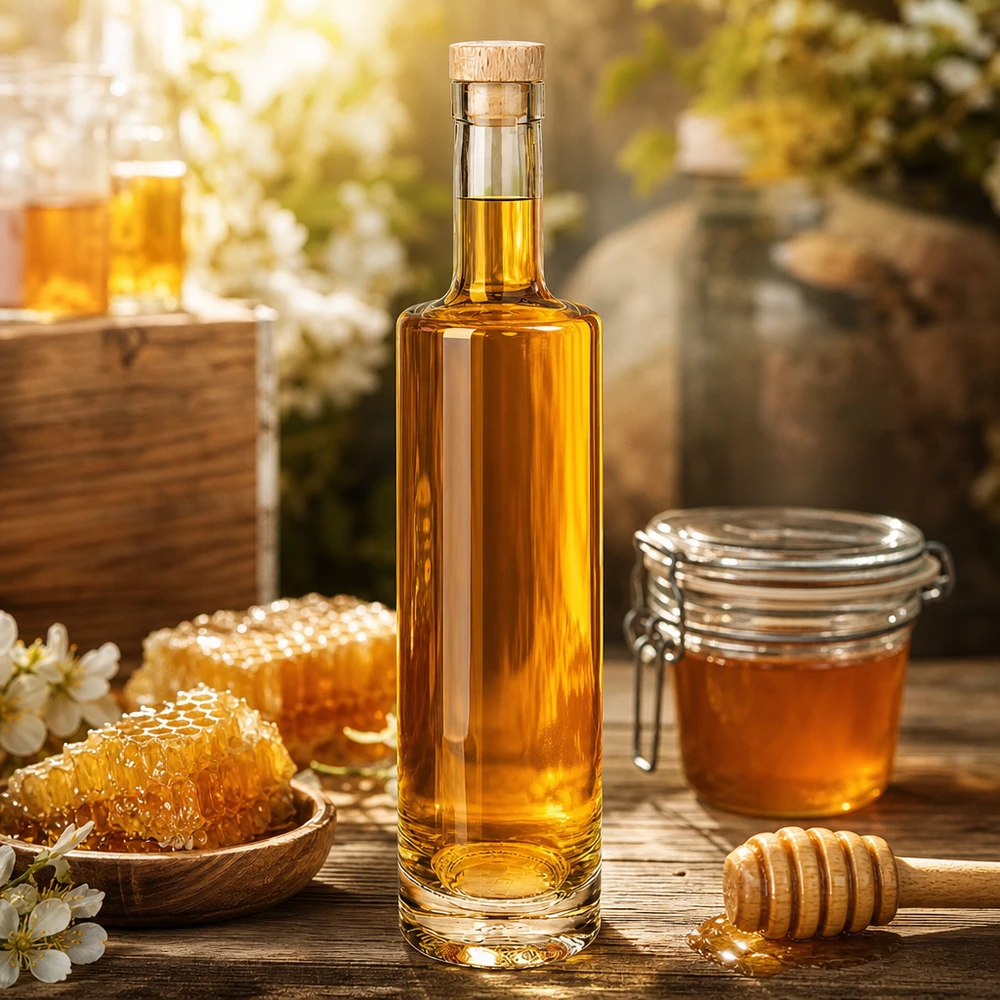 500ml Glasflasche "Lina" mit Holzgriff-Korken UNiTWIST Glasflasche Lina 500ml mit Honig befüllt neben Bienenwaben und Honigglas rustikale Küchendeko mit Holzkorken