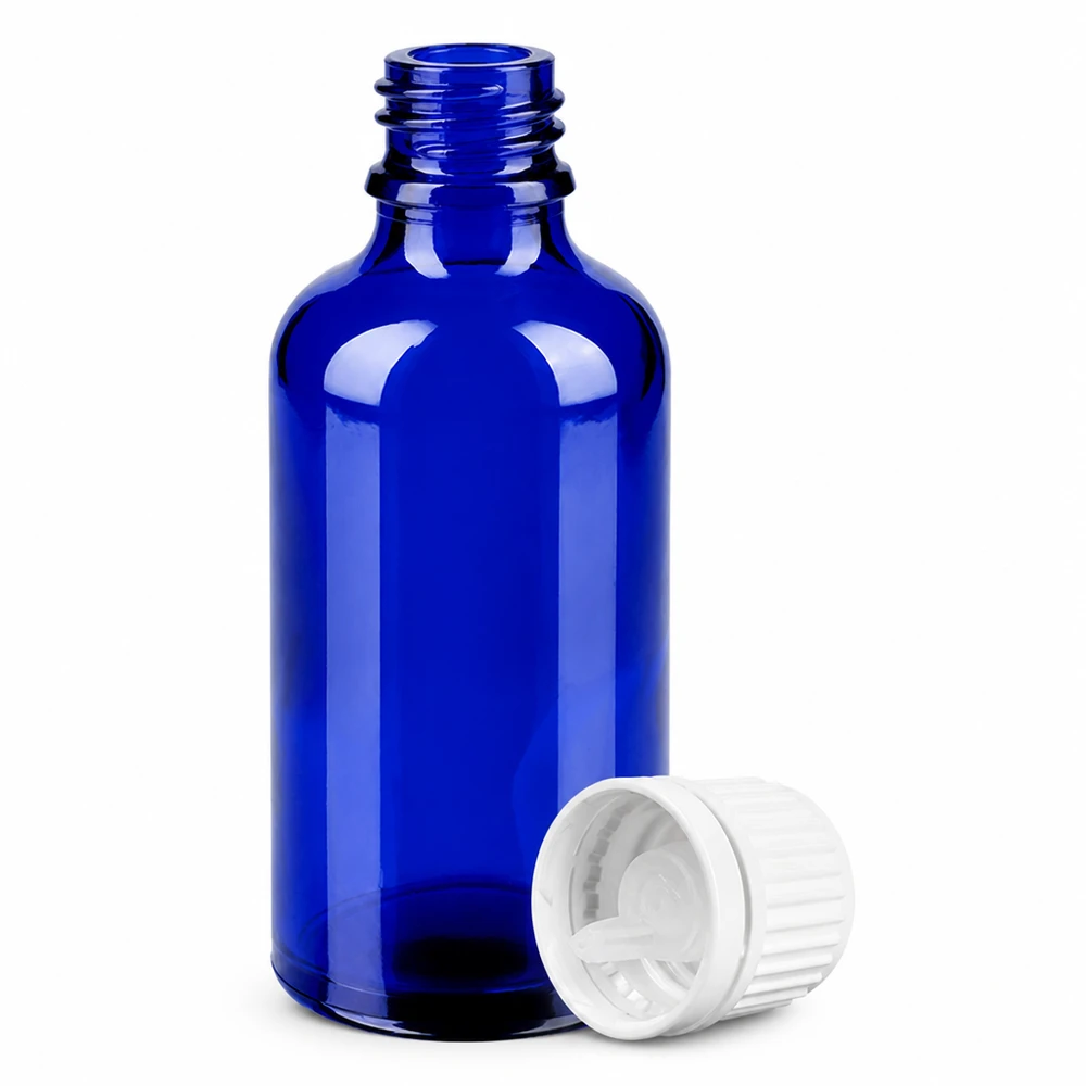 50ml tippapullo korkealaatuista lasia koboltinsinisestä väristä, jossa on 0,7 mm:n tippaputki UT18/50.