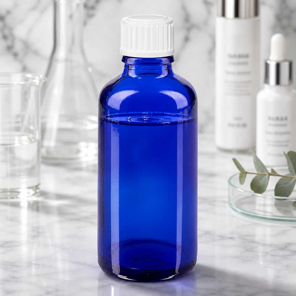 Apteekkipullo sininen 50ml tiputuskorkki valkoinen 0.8mm vakio Sininen 50 ml:n ApoGlas-tiputuspullo, jossa on valkoinen korkki, laboratoriovälineiden ja kosmetiikkatuotteiden joukossa