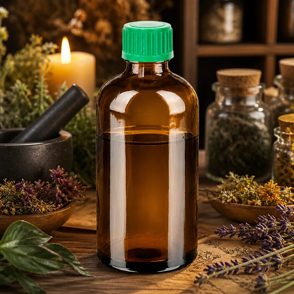 Korkealaatuinen 100ml meripihkanvärinen lasipullo, jossa on 11 mm:n kierre ja vihreä korkki, jossa on väärentämisen estävä korkki.