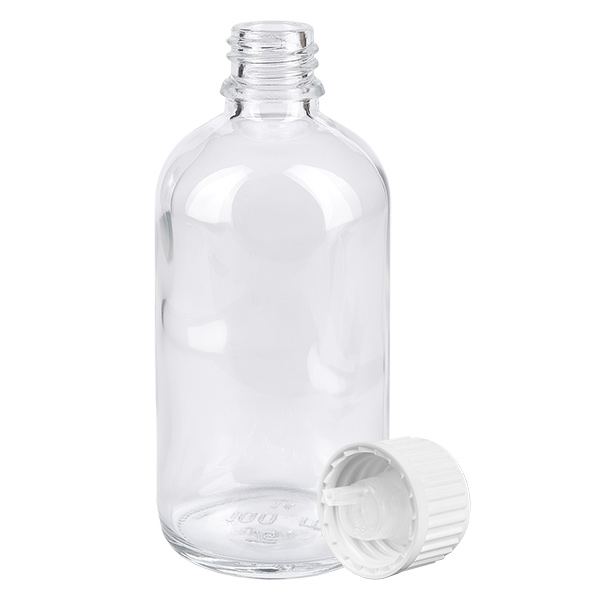 Tyhjä 100 ml:n lasipullo, jossa on lapsiturvallinen valkoinen tippakorkki (aukko 0,9 mm), ClearLine-sarja