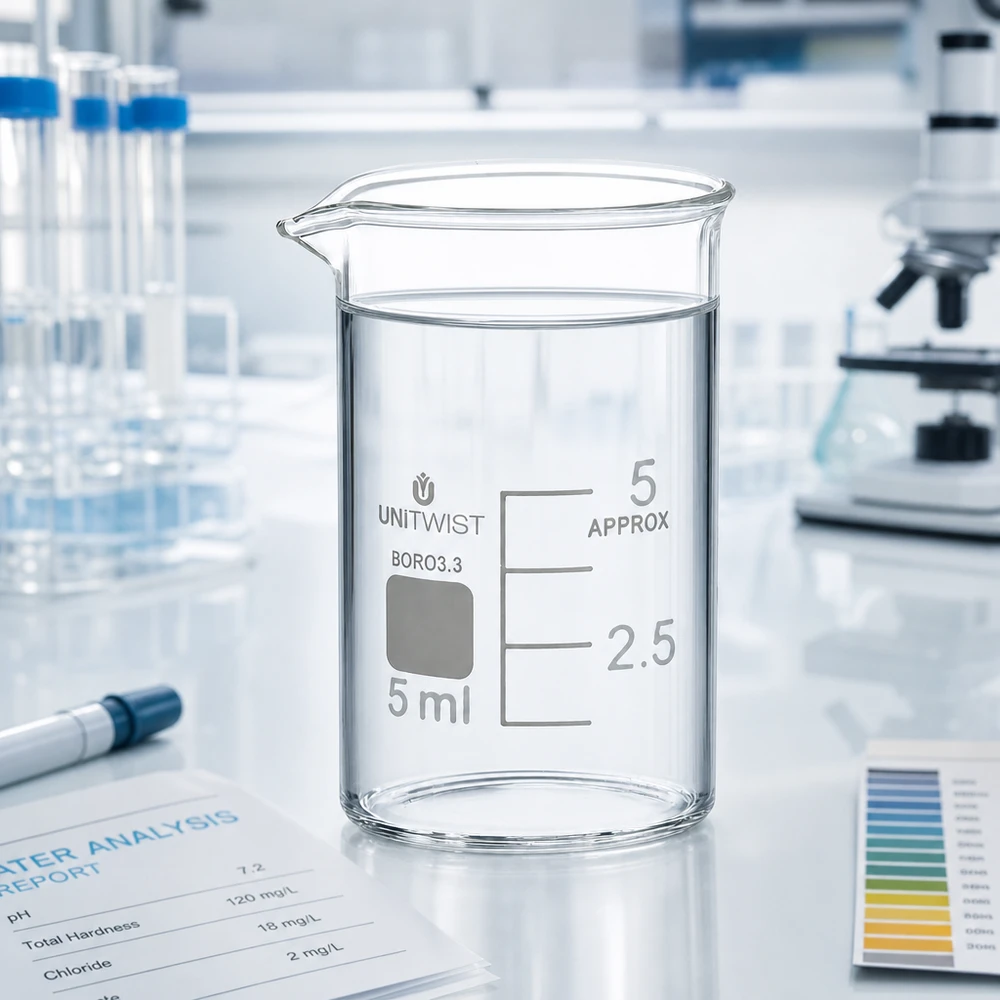UNiTWIST-mitta-astia, 5 ml, borosilikaattilasia 3.3, matala malli, mukana laboratoriossa laadittu veden analyysiraportti