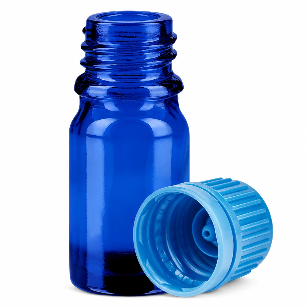 Pieni 5ml lasipullo koboltin sinisellä kierteellä aromaterapiaan ja apteekkiin.