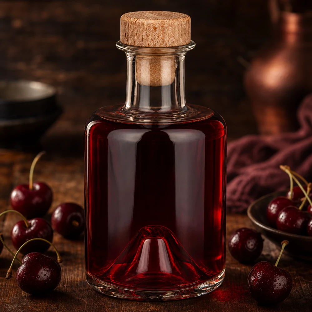 200ml Glasflasche "Sofia" mit Holzgriff-Korken UNiTWIST 200ml Glasflasche Sofia mit Holzkorken gefüllt mit roter Kirschflüssigkeit umgeben von frischen Kirschen auf Holzuntergr