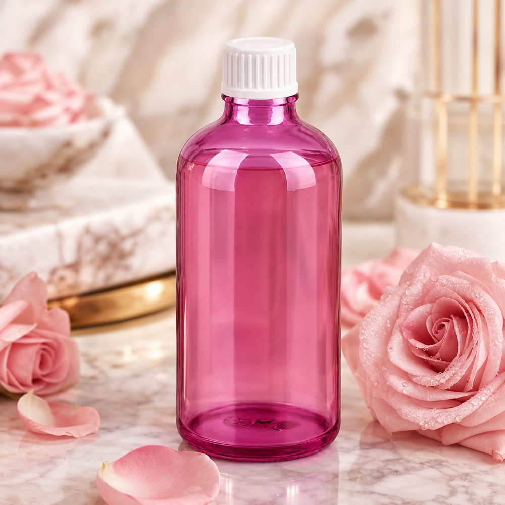 Pieni 100ml tippapullo läpinäkyvästä muovista, jossa on valkoinen STD-kierre STD-kierteellä varustettu kierrekorkki
