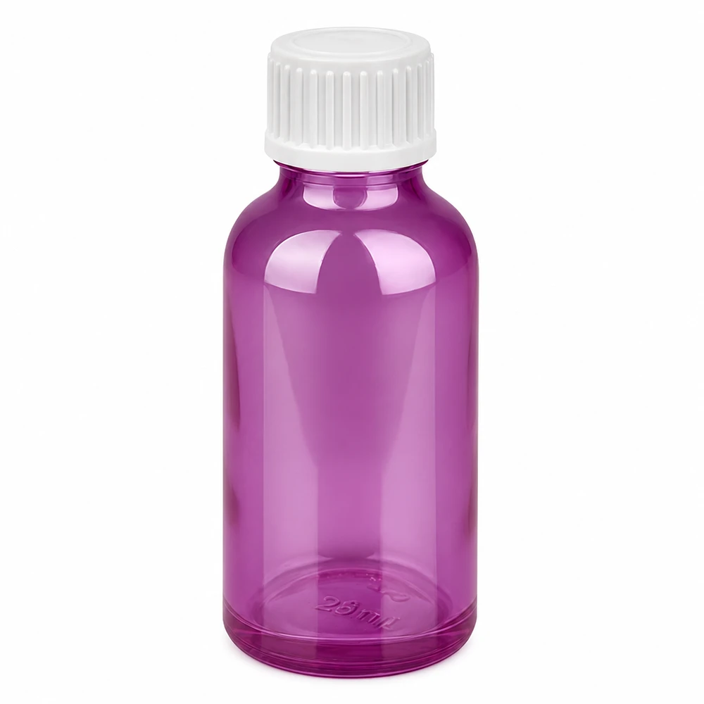 30ml tippapullo 0,9mm valkoinen standardi PurpleLine. UT18/30 30ml tippapullo, violetti, valkoinen korkki ja 0,9mm tippa-aukko tarkkaa annostelua varten.
