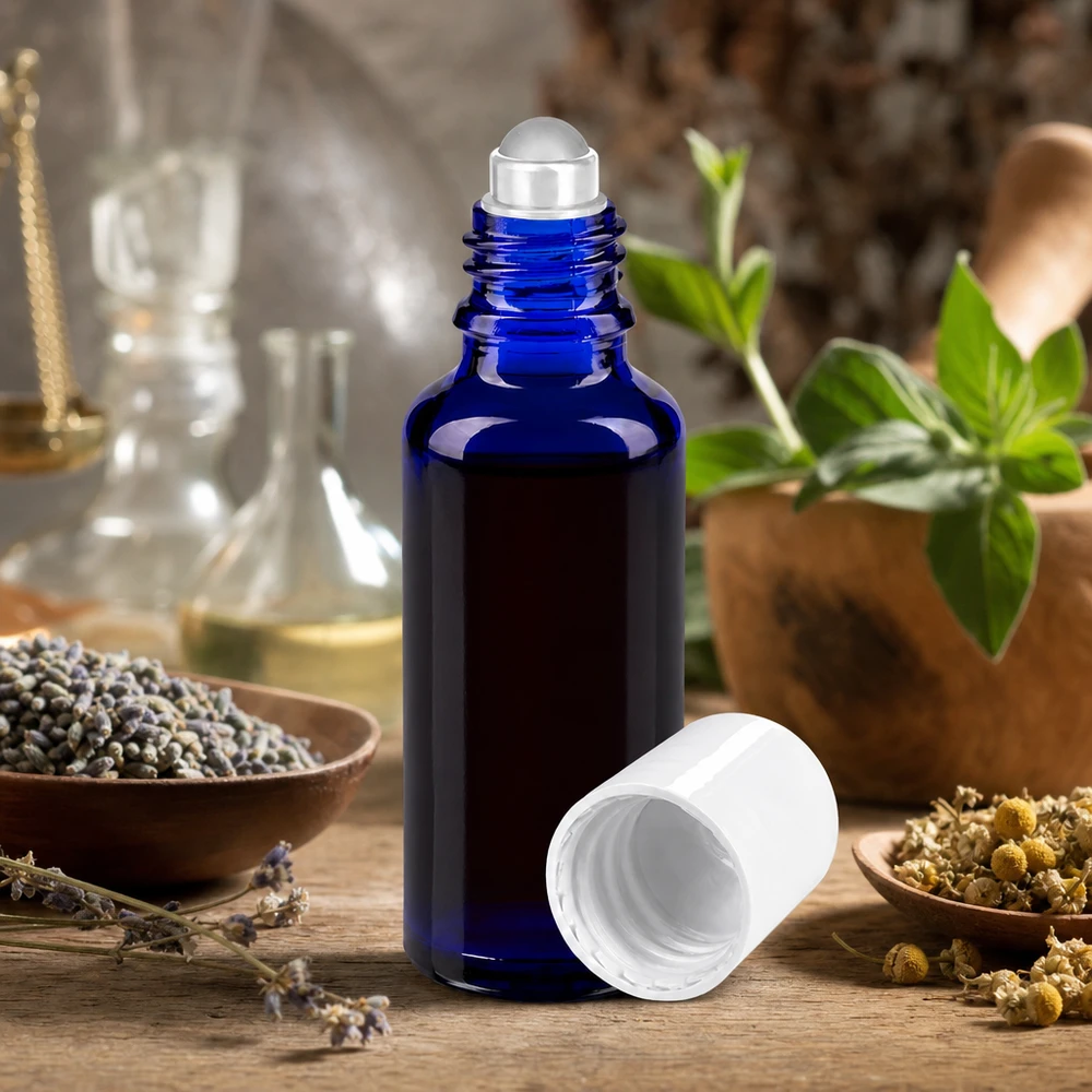 Sininen 30 ml:n STD-roll-on-pullo apteekkilasista, valkoisella korkilla, yrttejä ja laventelia vasten