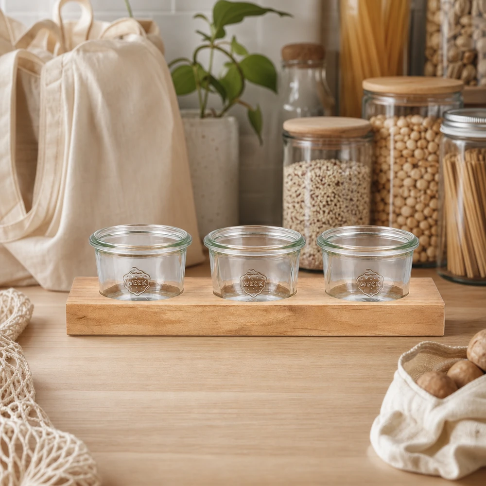 Plano3-tarjoilulautanen ja 3 kpl Weck-lasipurkkia (80 ml) Kestävä tarjoilulauta Plano3 ja 3 tyhjää Weck 80ml -mukia nollajätekeittiössä, jossa on säilytyspurkit