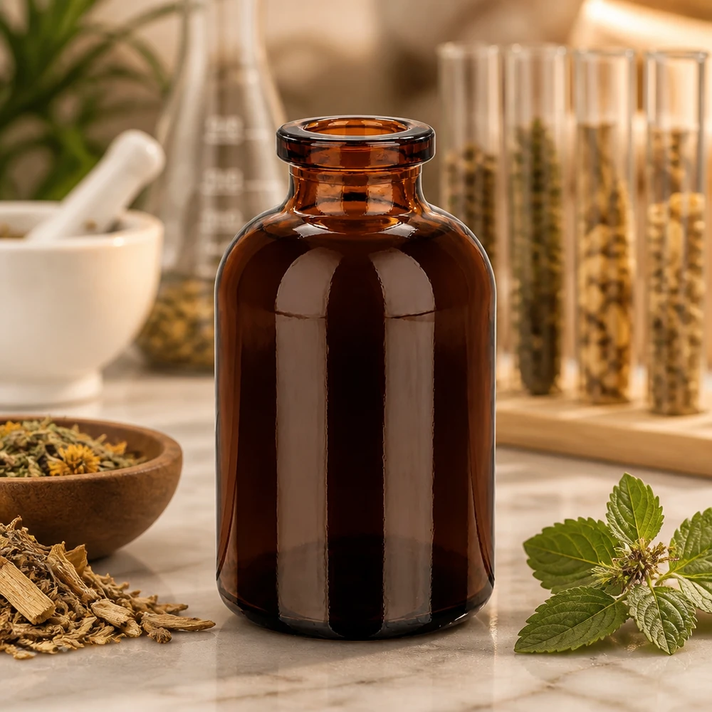 Injektionsflasche Braunglas 30ml für Kräuterextrakte auf Marmorunterlage mit Mörser im Hintergrund