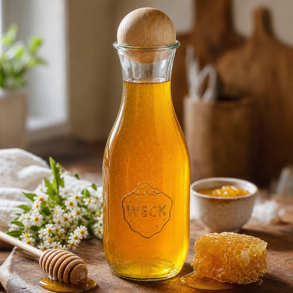 WECK mehupullo 1062ml täynnä hunajaa, vieressä hunajakenno puinen hunajalusikka ja kamomillakukkia puupöydällä