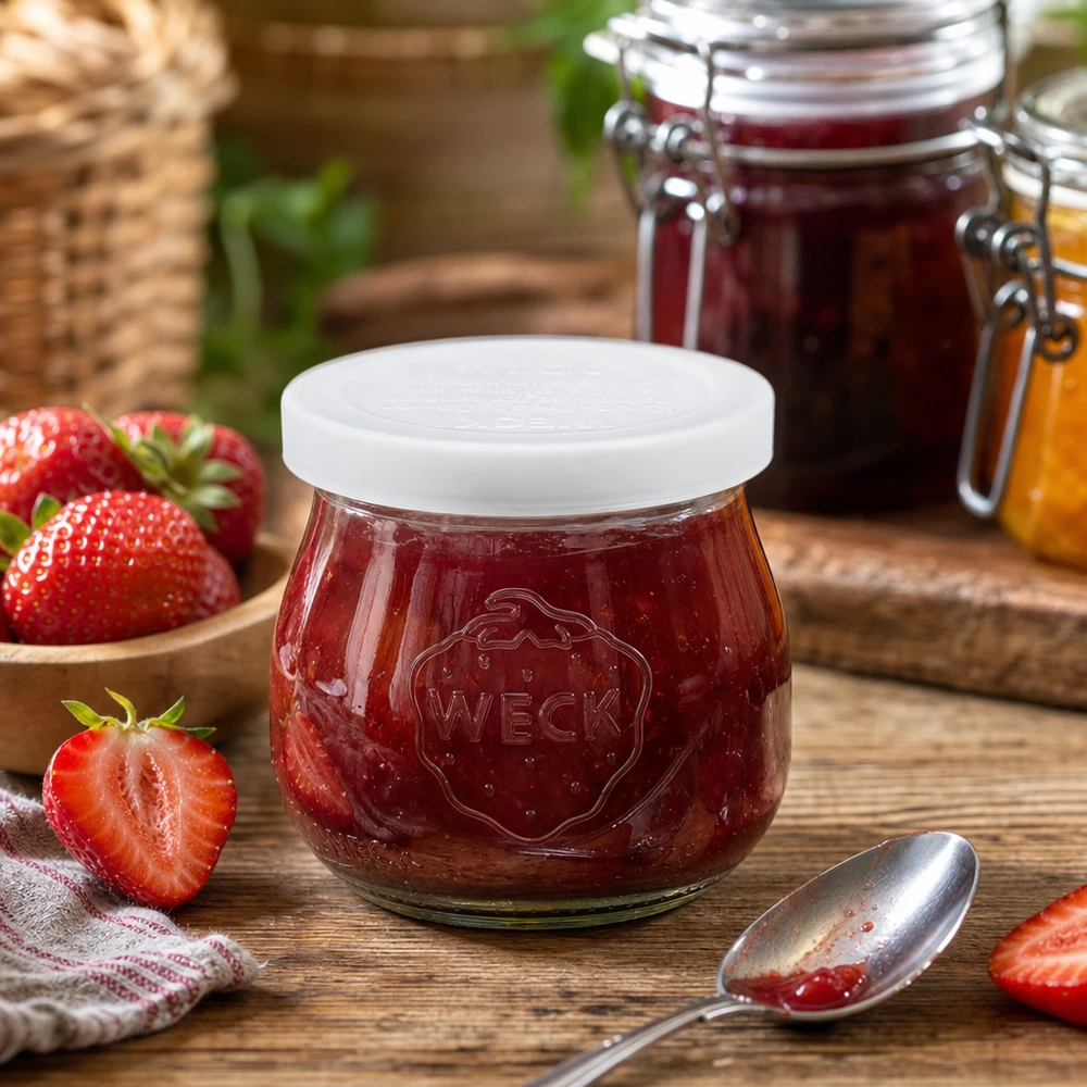 75ml tulppaanipurkki, jossa on raikkauskansi WECK RR40 WECK 75ml tulppaanipurkki täynnä mansikkahilloa tuoreiden mansikoiden vieressä puupöydällä RR40 säilöntäpurkki