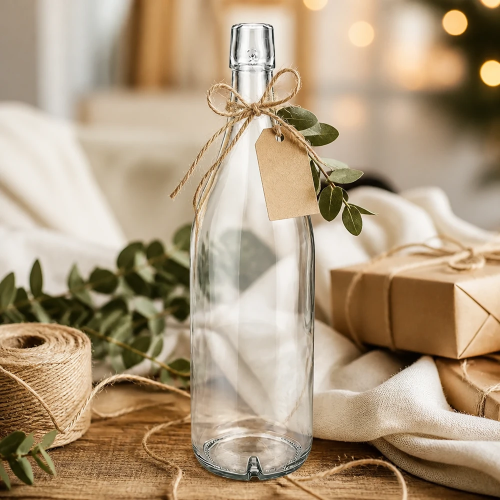 1000ml lasipullo UNiTWIST tyhjä koristeltu juuttijohdolla ja lahjatunnisteella lahjaideana puisella alustalla.