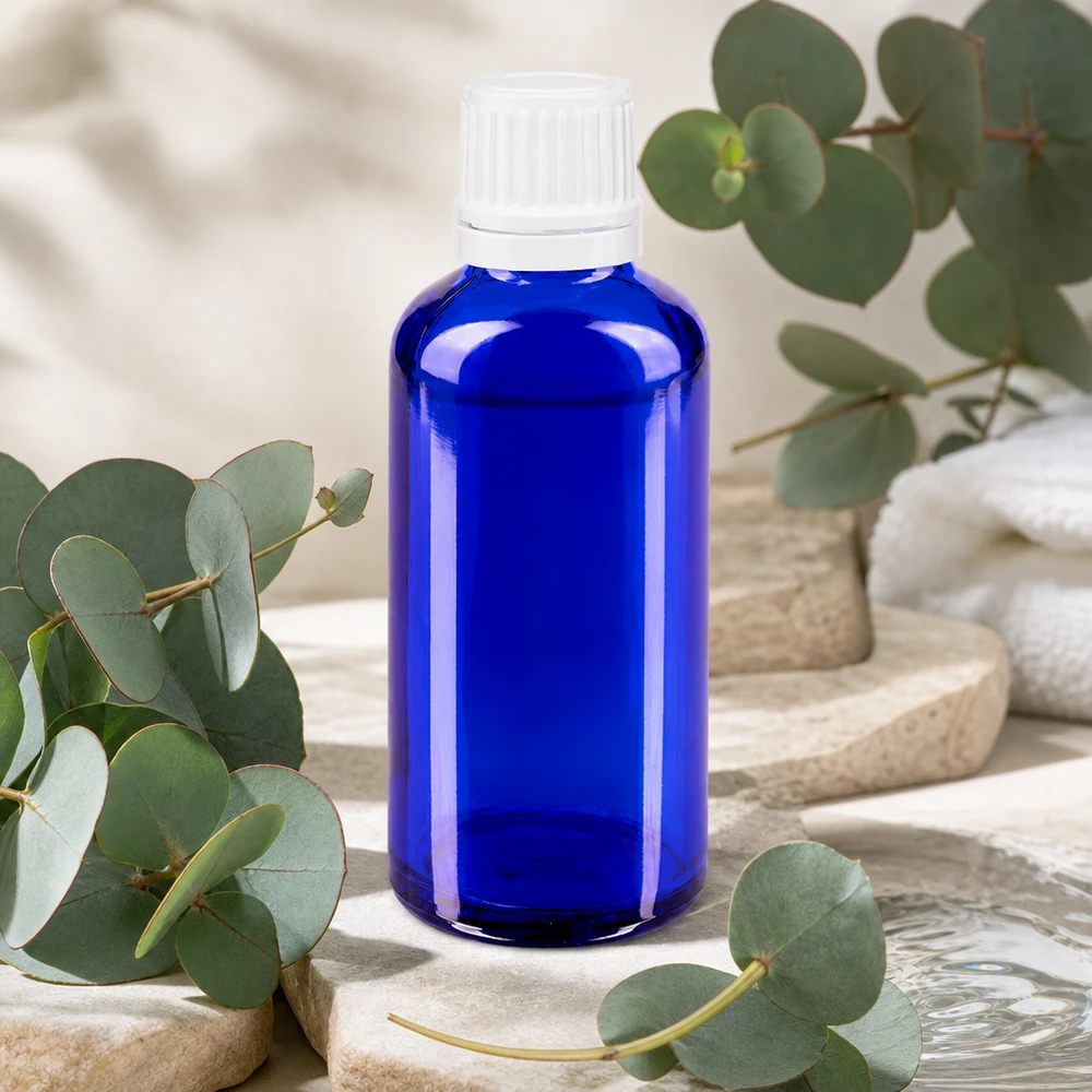 Apteekkipullo sininen 50ml tippapullo tippakorkki 1.2mm valkoinen peukaloinninestokorkki Koboltinsininen lasipullo, 50 ml, lapsiturvallisella valkoisella tippakorkilla, OV 0,7 mm