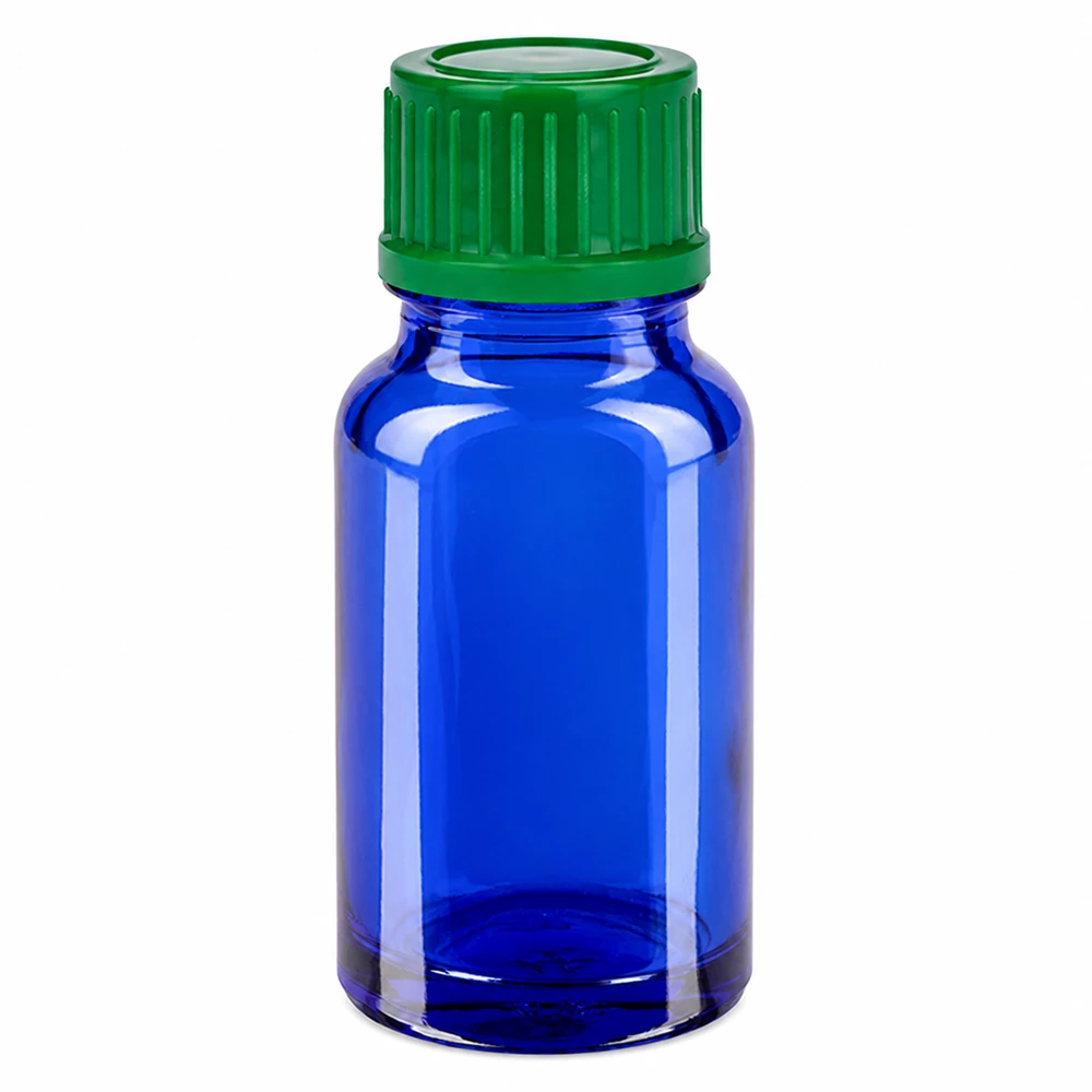 10ml sininen lasipullo, jossa vihreä kierrekorkki SV 11mm STD BlueLine UT18/10