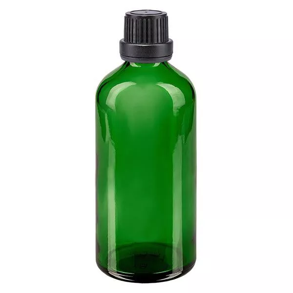 Apteekkipullo vihreä 100ml ruuvikorkki musta peukaloinninestokorkki Apteekkipullo vihreä 100ml ruuvikorkki musta peukaloinninestokorkki
