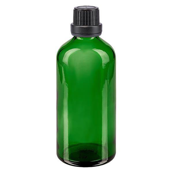 Apteekkipullo vihreä 100ml ruuvikorkki musta peukaloinninestokorkki Apteekkipullo vihreä 100ml ruuvikorkki musta peukaloinninestokorkki